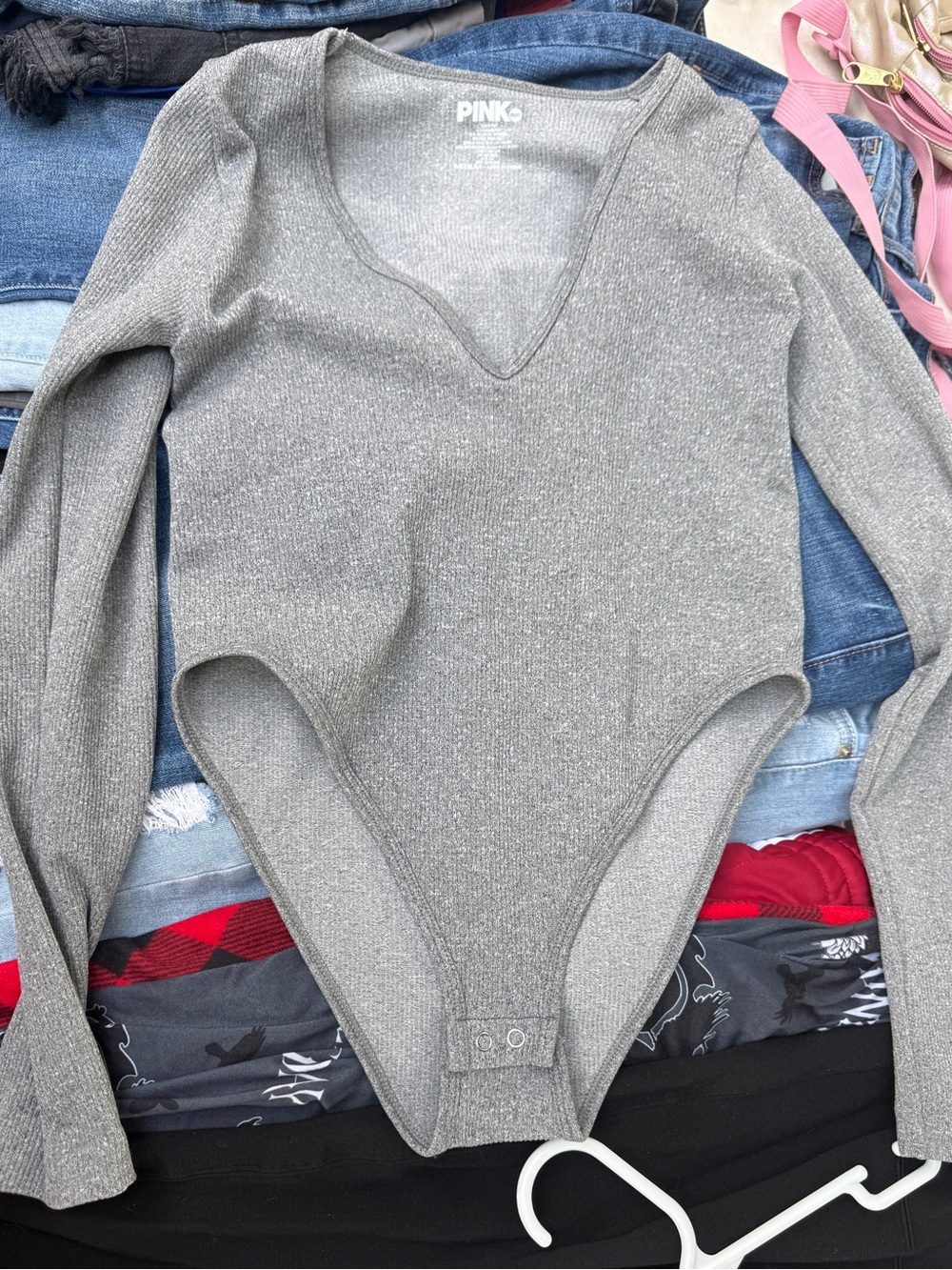 PINK Victoria's Secret Metallic Silver Ribbed Bodysuit